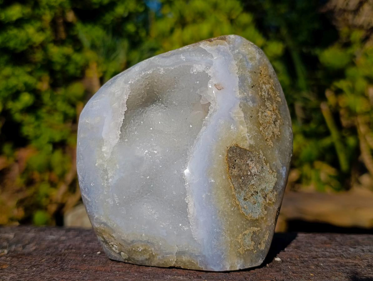 Polished and Natural Blue Lace Agate Standing Display Pieces with Dogtooth Calcite Crystals x 2 From Nsanje, Malawi - Toprock Gemstones and Minerals 