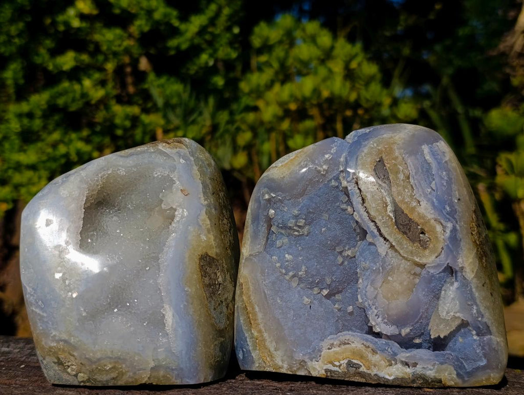Polished and Natural Blue Lace Agate Standing Display Pieces with Dogtooth Calcite Crystals x 2 From Nsanje, Malawi - Toprock Gemstones and Minerals 