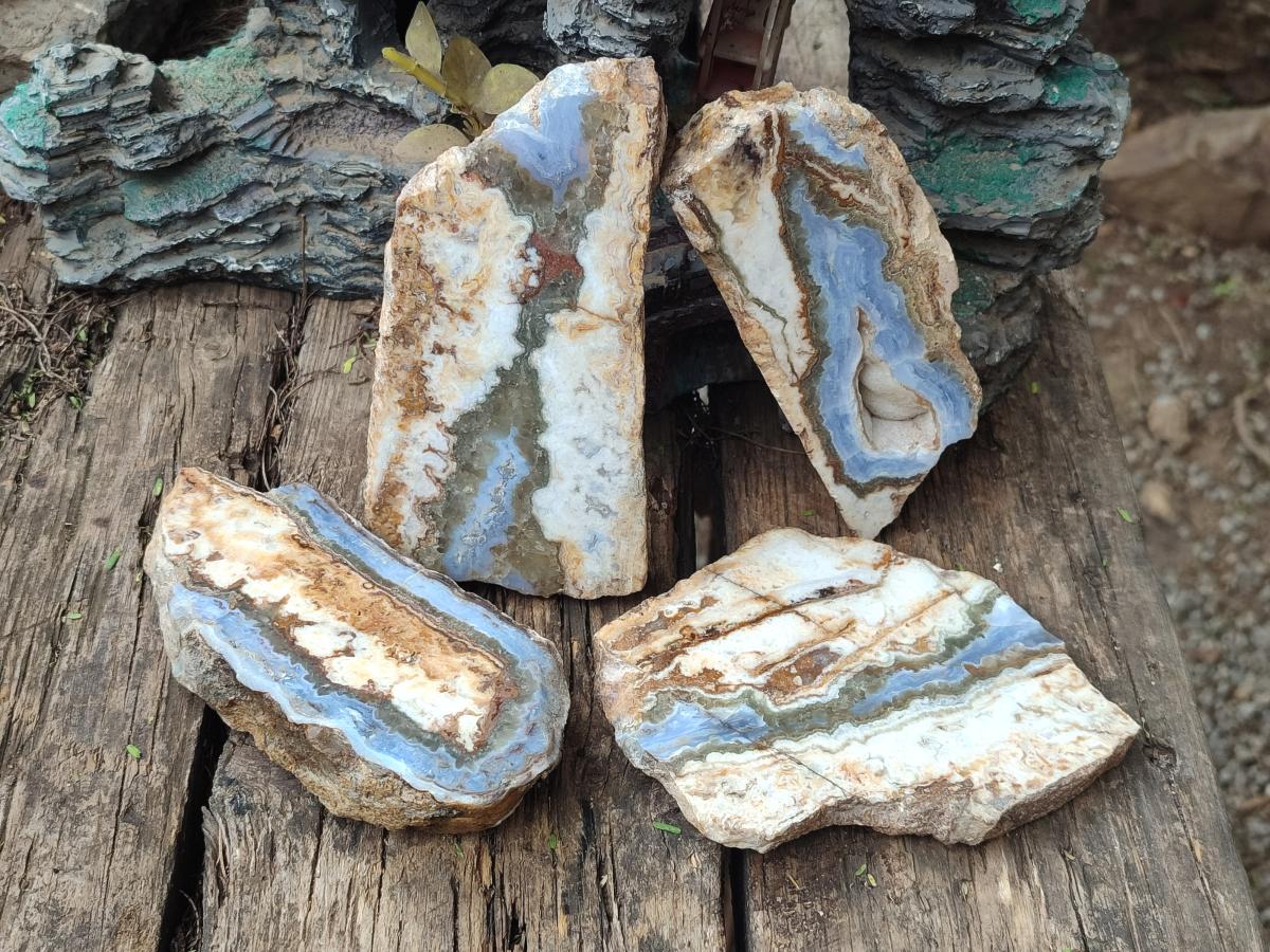 Polished and Natural Blue Lace Agate with Crazy Lace Slices x 4 From Namibia - Toprock Gemstones and Minerals 