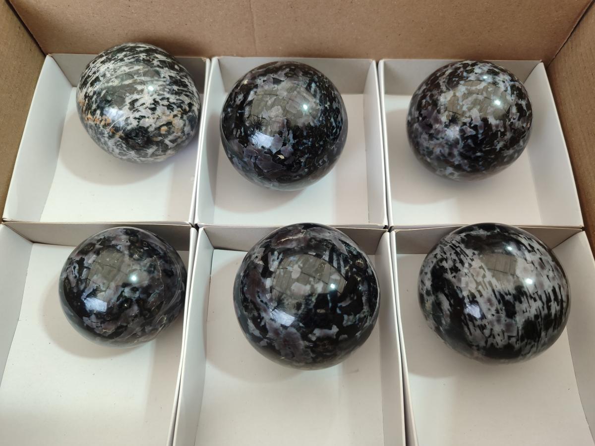 Polished Gabbro 'Merlinite' Spheres x 6 From Ambatofinandrahana, Madagascar - Toprock Gemstones and Minerals 
