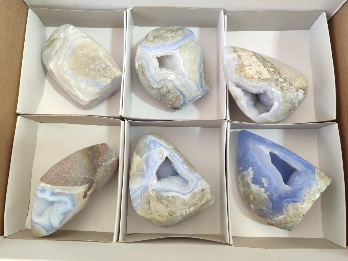 Polished and Natural Blue Lace Agate Standing Display Pieces x 6 From Nsanje, Malawi - Toprock Gemstones and Minerals 