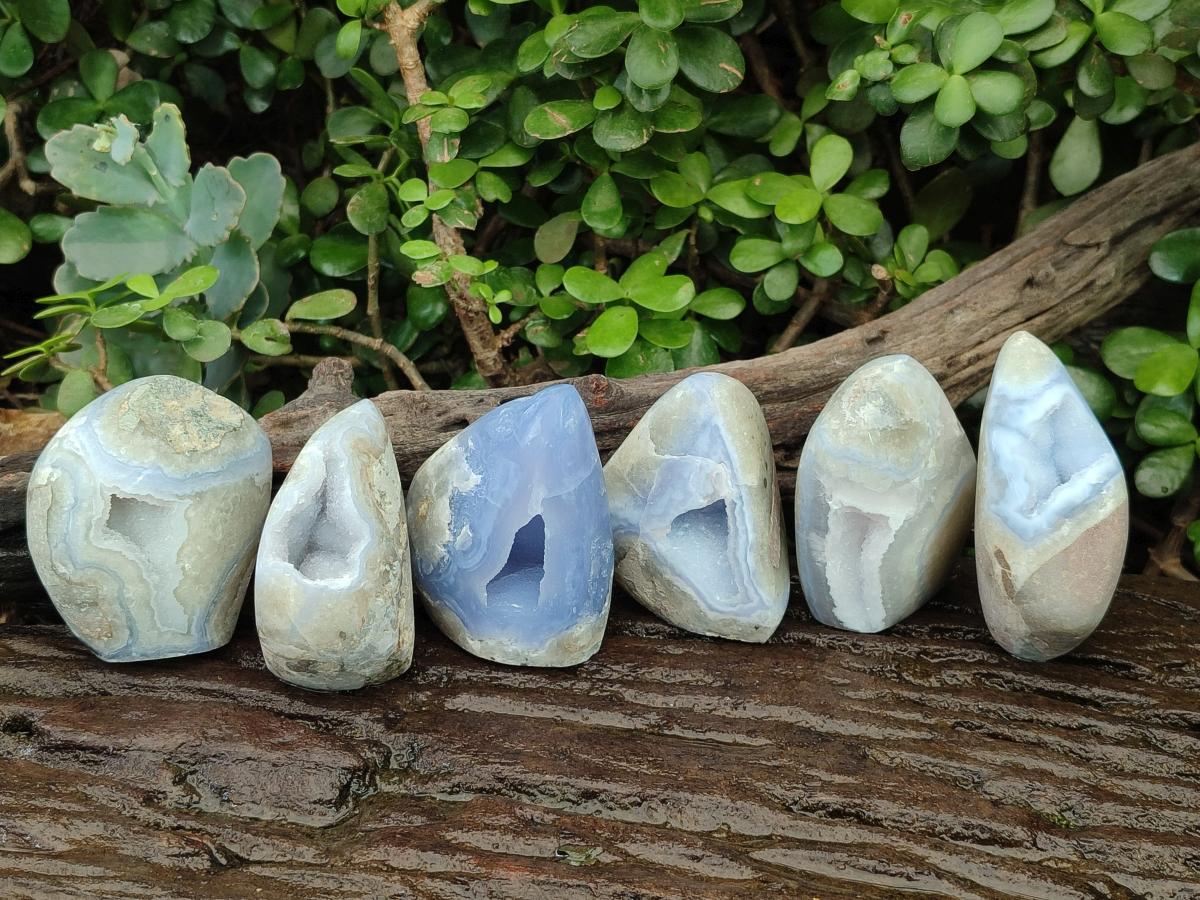 Polished and Natural Blue Lace Agate Standing Display Pieces x 6 From Nsanje, Malawi - Toprock Gemstones and Minerals 