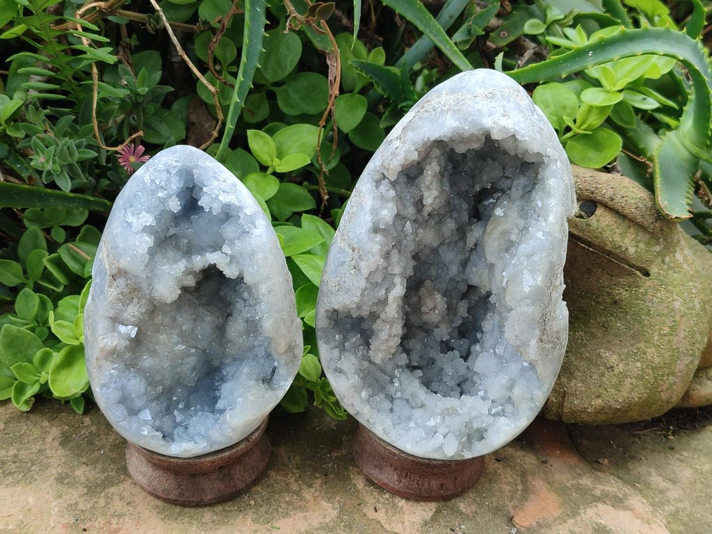 Polished and Natural Blue Celestite Crystal Geode Eggs x 2 From Sakoany, Madagascar - Toprock Gemstones and Minerals 