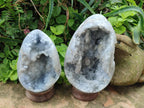 Polished and Natural Blue Celestite Crystal Geode Eggs x 2 From Sakoany, Madagascar - Toprock Gemstones and Minerals 