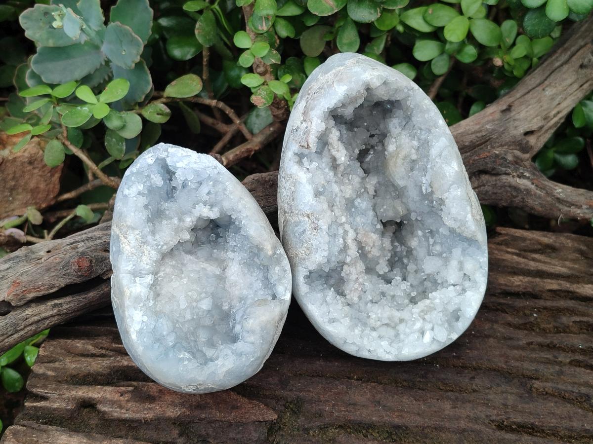 Polished and Natural Blue Celestite Crystal Geode Eggs x 2 From Sakoany, Madagascar - Toprock Gemstones and Minerals 