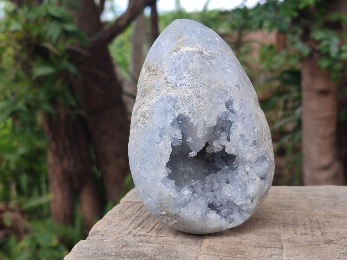 Polished and Natural Blue Celestite Crystal Geode Eggs x 2 From Sakoany, Madagascar - Toprock Gemstones and Minerals 