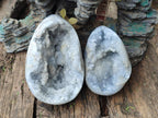 Polished and Natural Blue Celestite Crystal Geode Eggs x 2 From Sakoany, Madagascar - Toprock Gemstones and Minerals 