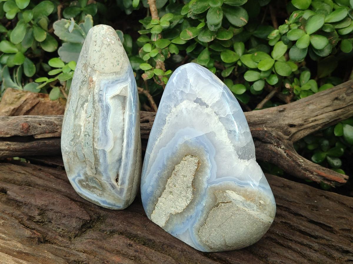 Polished and Natural Blue Lace Agate Standing Display Pieces x 2 From Nsanje, Malawi