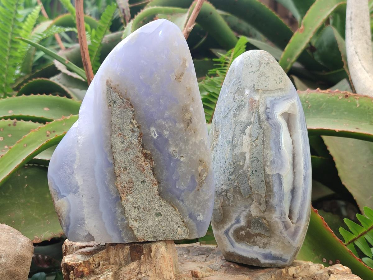 Polished and Natural Blue Lace Agate Standing Display Pieces x 2 From Nsanje, Malawi