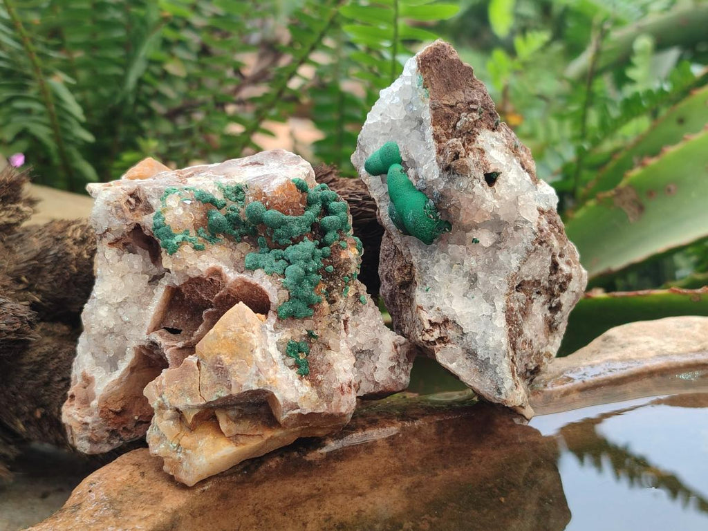 Natural Silky Ball Malachite Specimens with Drusy Quartz on Dolomite Matrix x 3 From Mindingi Mine, Kambove, Congo