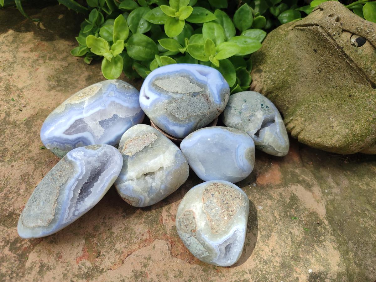 Polished and Natural Blue Lace Agate Free Forms x 7 From Nsanje, Malawi