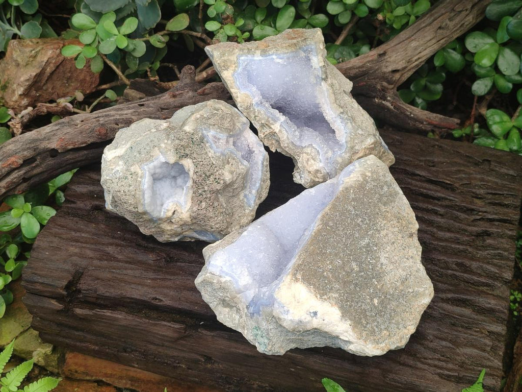Natural Blue Lace Agate Geode Specimens x 3 From Nsanje, Malawi