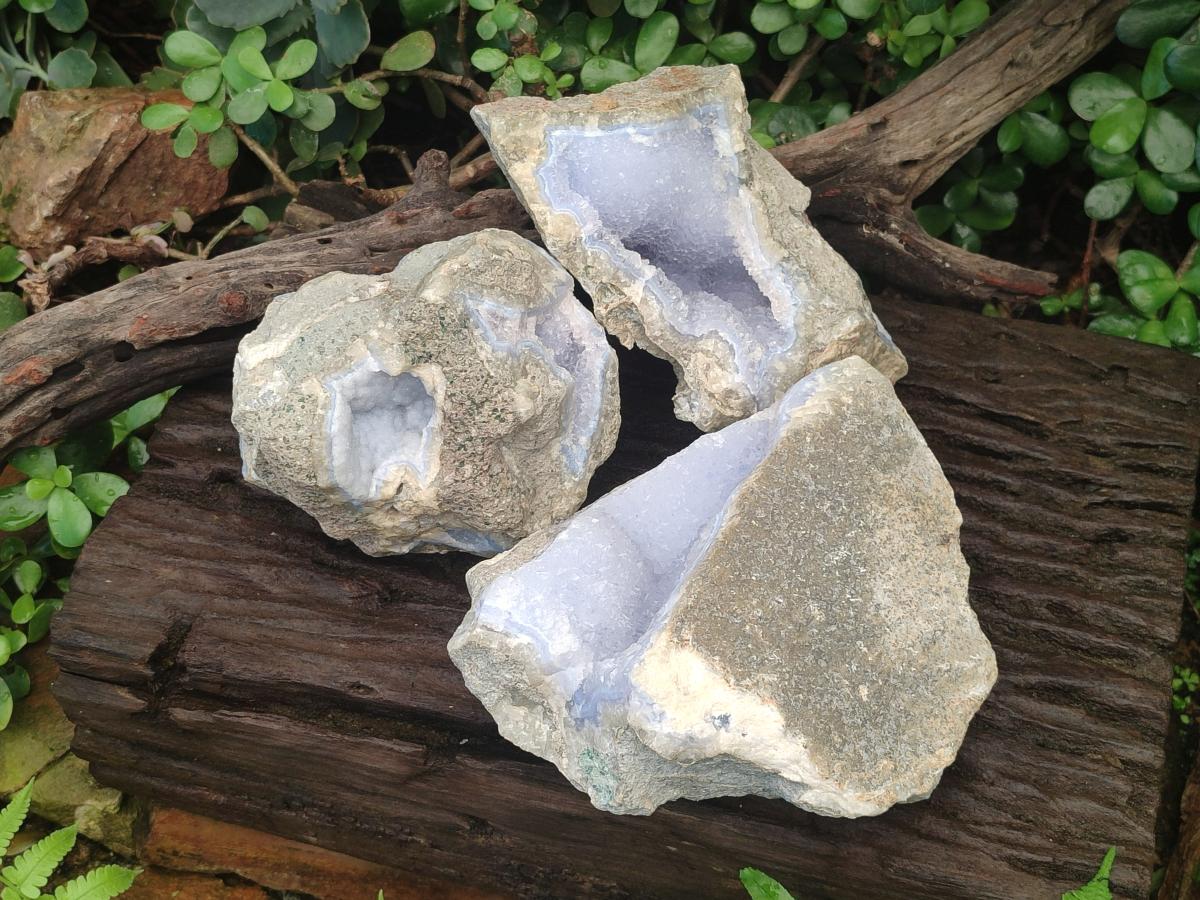 Natural Blue Lace Agate Geode Specimens x 3 From Nsanje, Malawi