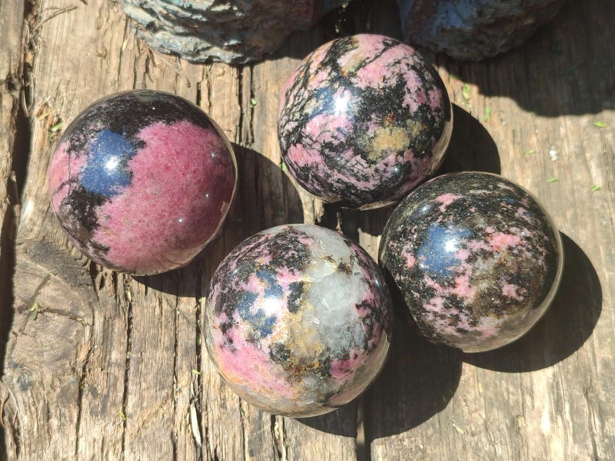 Polished Rhodonite Gemstone Spheres x 4 From Ambindavato, Madagascar