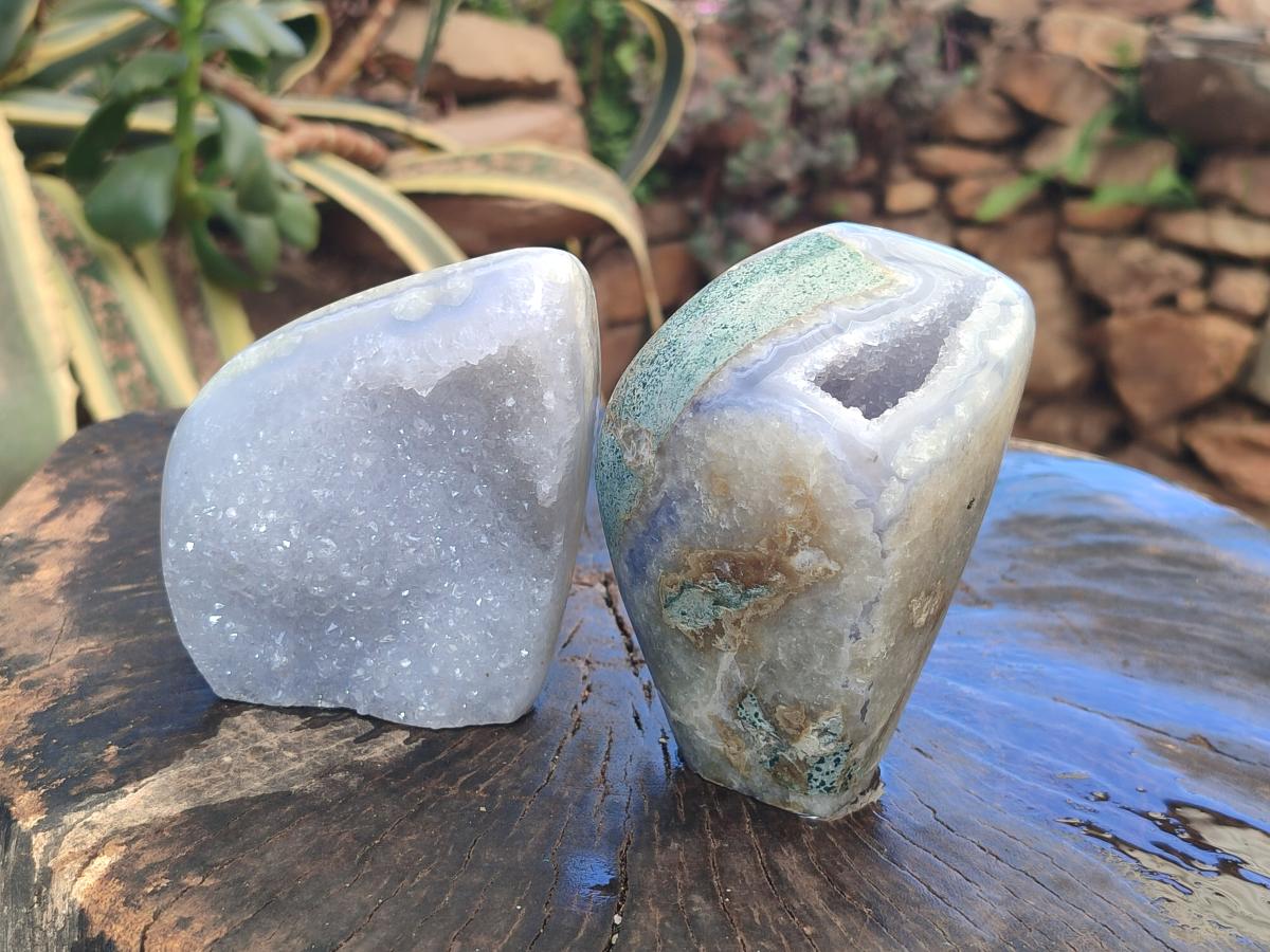 Polished and Natural Blue Lace Agate Standing Display Pieces x 2 From Nsanje, Malawi