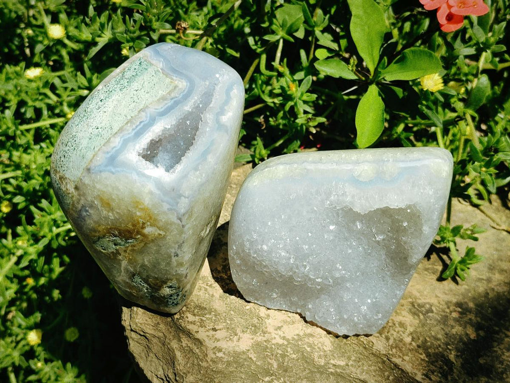 Polished and Natural Blue Lace Agate Standing Display Pieces x 2 From Nsanje, Malawi