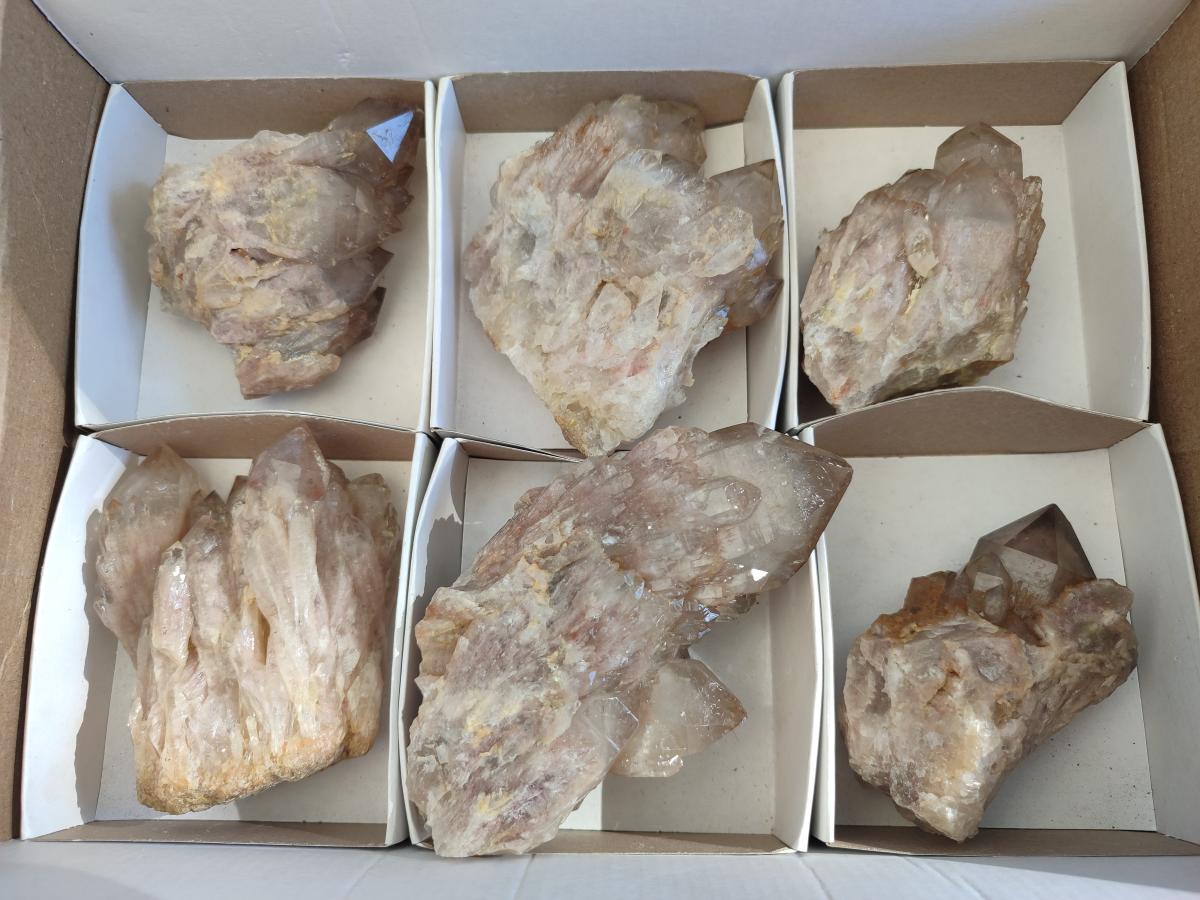 Natural Cascading White Phantom Smokey Luena Quartz Clusters x 6 From Luena, Congo - Toprock Gemstones and Minerals 