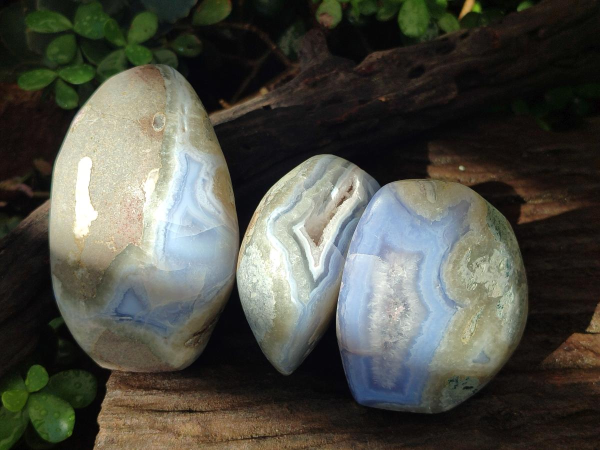 Polished Blue Lace Agate Standing Display Pieces x 3 From Nsanje, Malawi