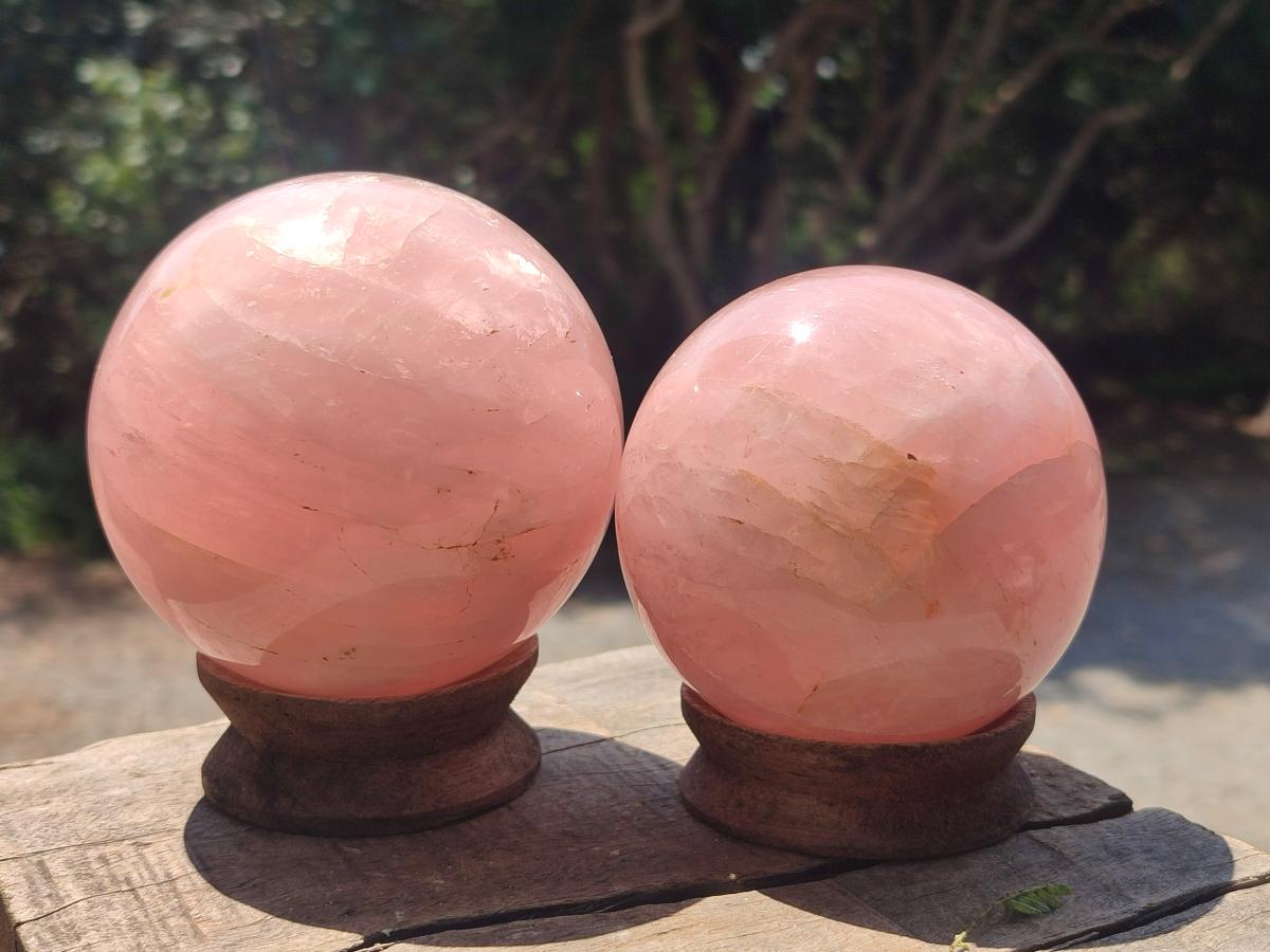 Polished Gemmy Rose Quartz Spheres x 2 From Madagascar - Toprock Gemstones and Minerals 