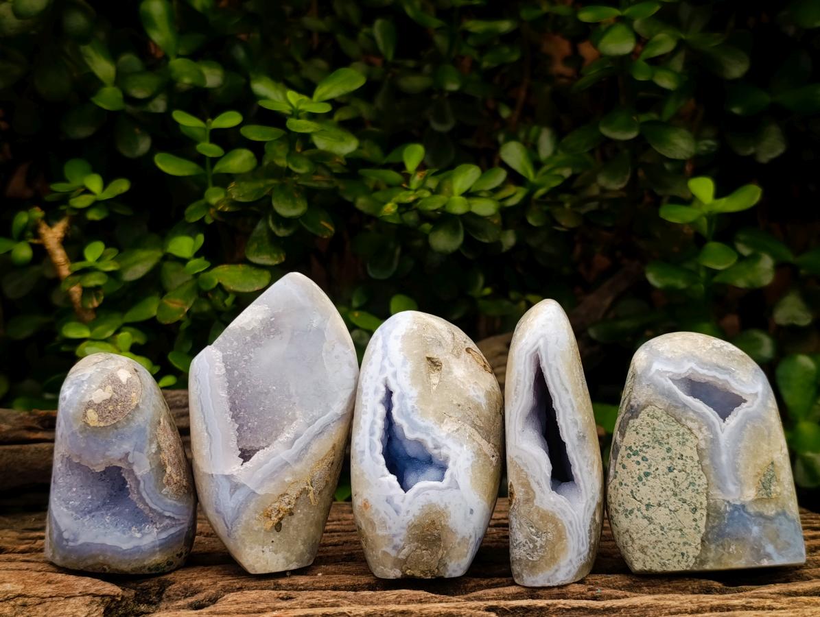 Polished and Natural Blue Lace Agate Standing Display Pieces x 5 From Nsanje, Malawi - Toprock Gemstones and Minerals 