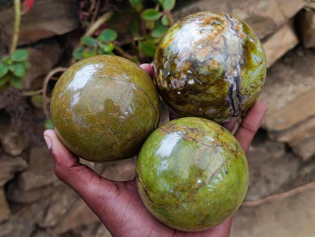 Polished Green Opal Spheres x 3 From Betroka, Madagascar - Toprock Gemstones and Minerals 