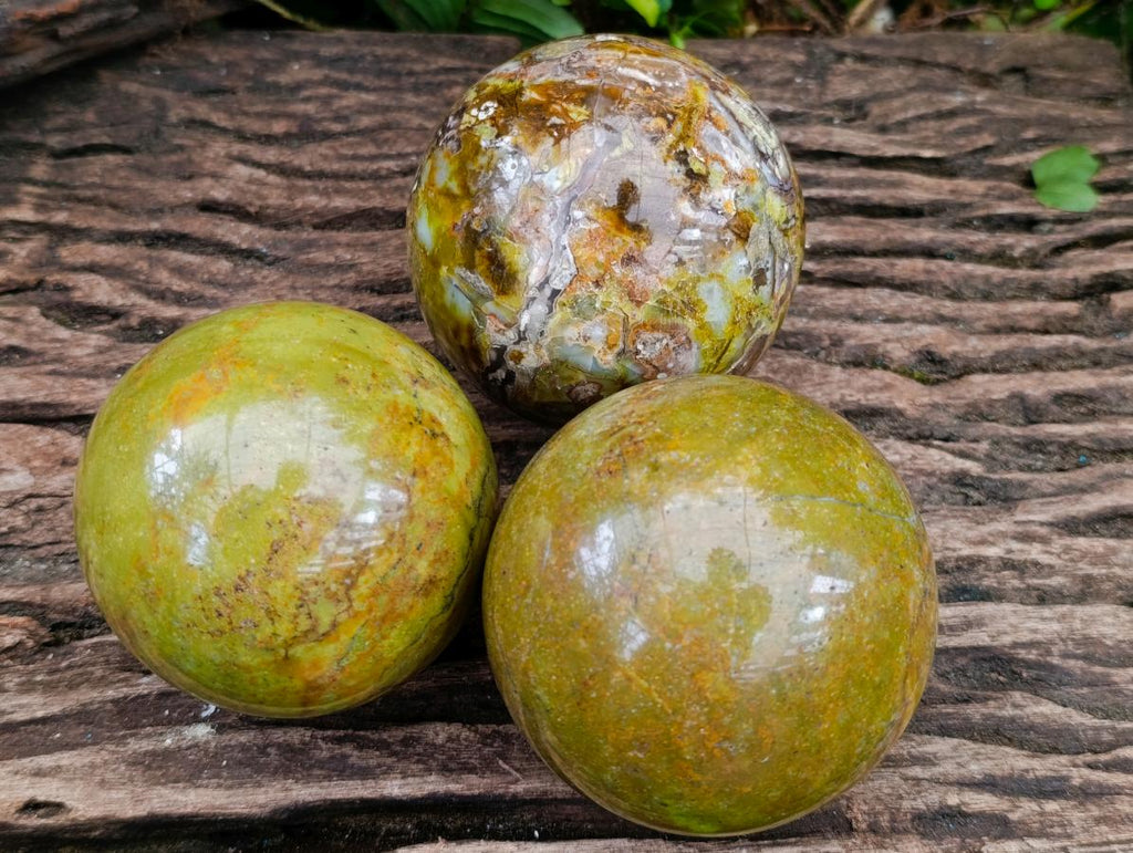 Polished Green Opal Spheres x 3 From Betroka, Madagascar - Toprock Gemstones and Minerals 
