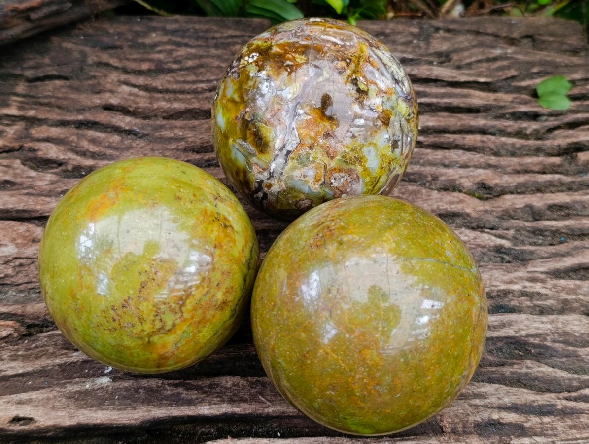 Polished Green Opal Spheres x 3 From Betroka, Madagascar - Toprock Gemstones and Minerals 