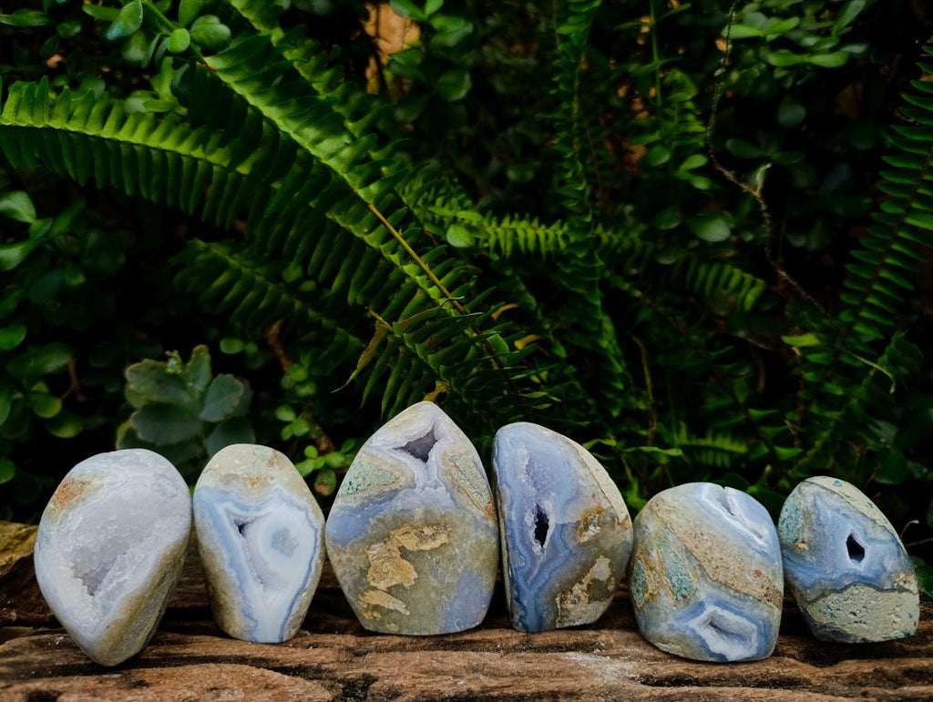 Polished and Natural Blue Lace Agate Standing Display Pieces x 6 From Nsanje, Malawi - Toprock Gemstones and Minerals 