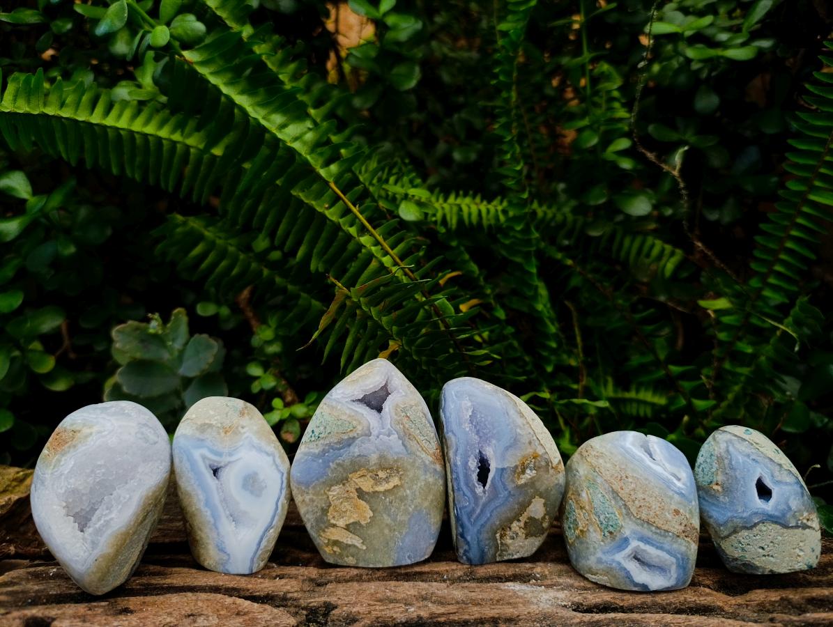 Polished and Natural Blue Lace Agate Standing Display Pieces x 6 From Nsanje, Malawi - Toprock Gemstones and Minerals 