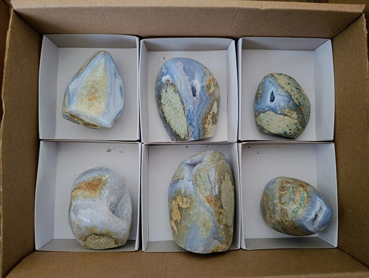 Polished and Natural Blue Lace Agate Standing Display Pieces x 6 From Nsanje, Malawi - Toprock Gemstones and Minerals 