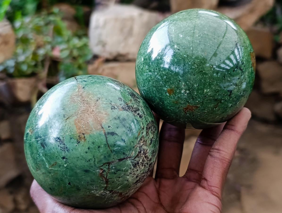 Polished Green Chrysoprase Spheres x 3 From Ambatondrazaka, Madagascar - Toprock Gemstones and Minerals 