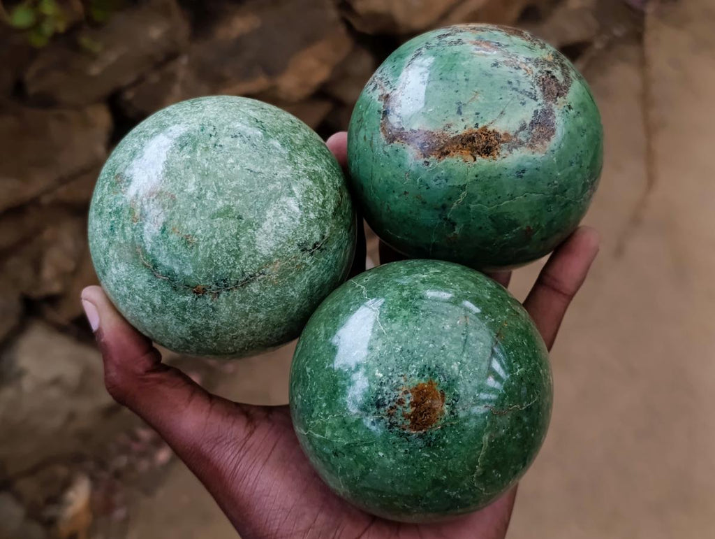 Polished Green Chrysoprase Spheres x 3 From Ambatondrazaka, Madagascar - Toprock Gemstones and Minerals 