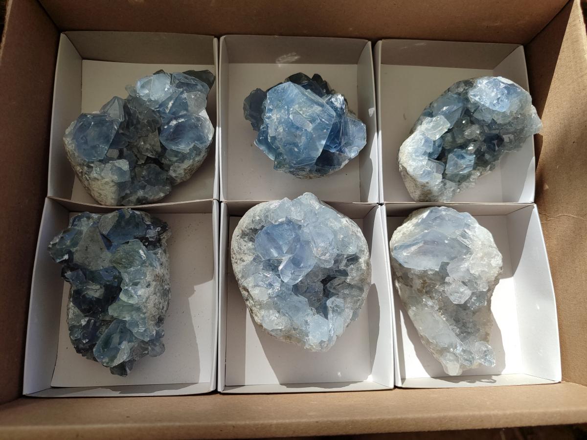 Natural Blue Celestite Specimens x 6 From Sakoany, Madagascar - Toprock Gemstones and Minerals 