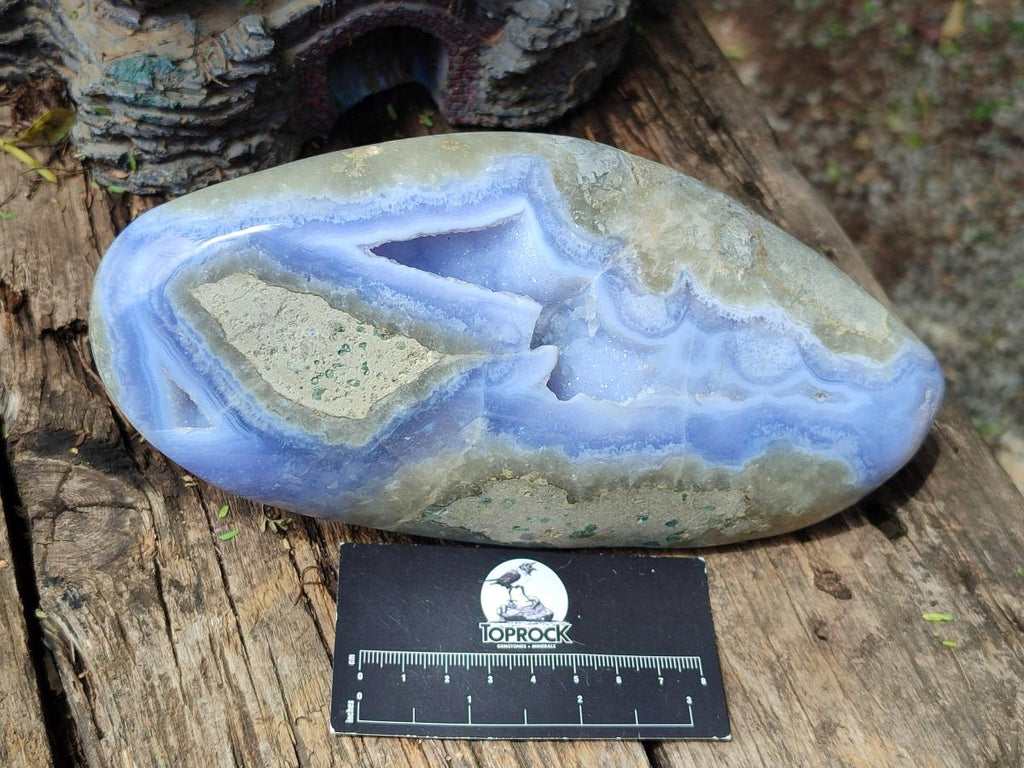 Polished and Natural Large Blue Lace Agate Oval Free Form with Dog Tooth Calcite x 1 From Nsanje, Malawi - Toprock Gemstones and Minerals 