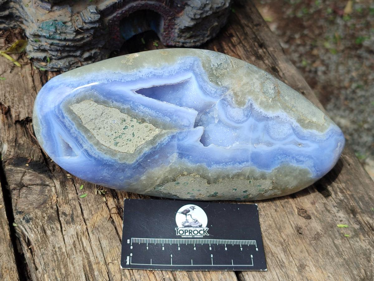 Polished and Natural Large Blue Lace Agate Oval Free Form with Dog Tooth Calcite x 1 From Nsanje, Malawi - Toprock Gemstones and Minerals 