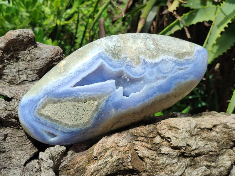 Polished and Natural Large Blue Lace Agate Oval Free Form with Dog Tooth Calcite x 1 From Nsanje, Malawi - Toprock Gemstones and Minerals 