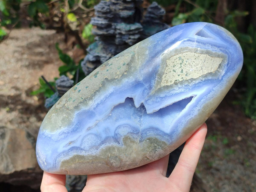 Polished and Natural Large Blue Lace Agate Oval Free Form with Dog Tooth Calcite x 1 From Nsanje, Malawi - Toprock Gemstones and Minerals 