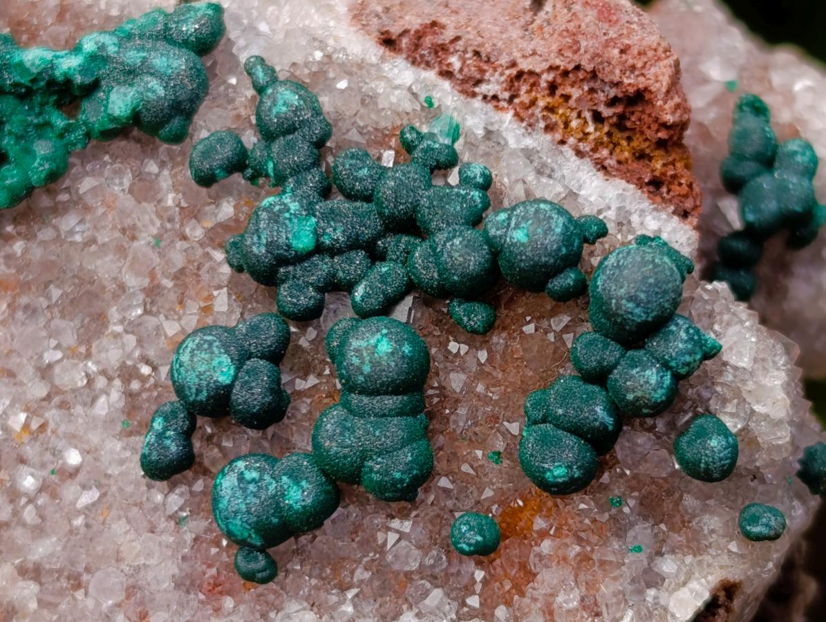Natural Ball Malachite Specimens Coated with Drusy Quartz on Dolomite x 7 From Mindingi Mine, Kambove, Congo - Toprock Gemstones and Minerals 