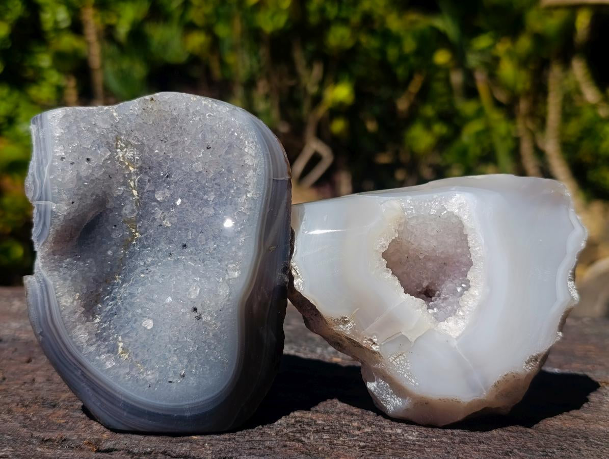 Polished and Natural Banded Agate with Crystalline Standing Geodes x 6 From Maintirano, Madagascar - Toprock Gemstones and Minerals 