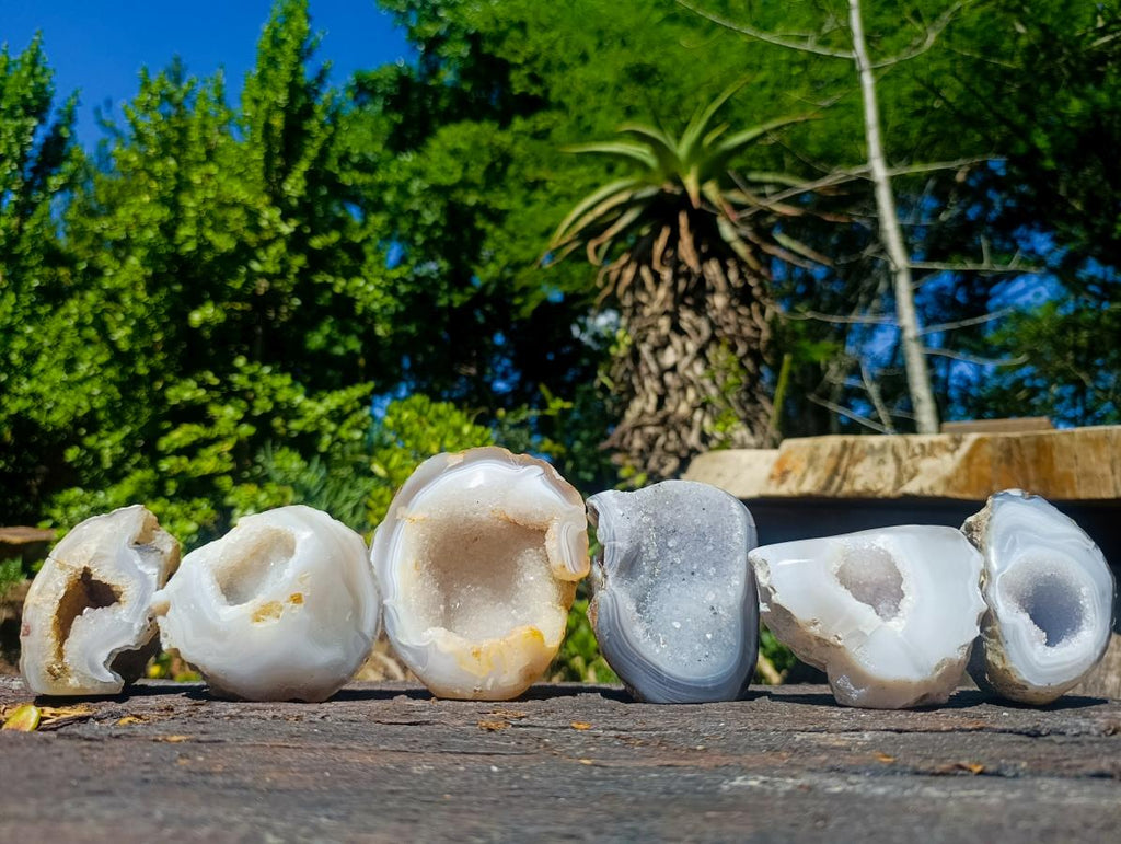 Polished and Natural Banded Agate with Crystalline Standing Geodes x 6 From Maintirano, Madagascar - Toprock Gemstones and Minerals 
