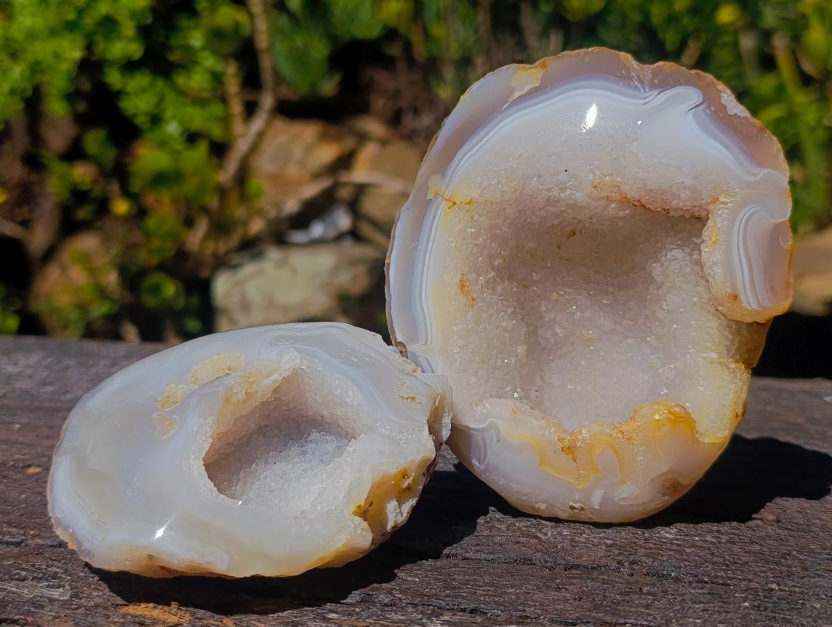 Polished and Natural Banded Agate with Crystalline Standing Geodes x 6 From Maintirano, Madagascar - Toprock Gemstones and Minerals 