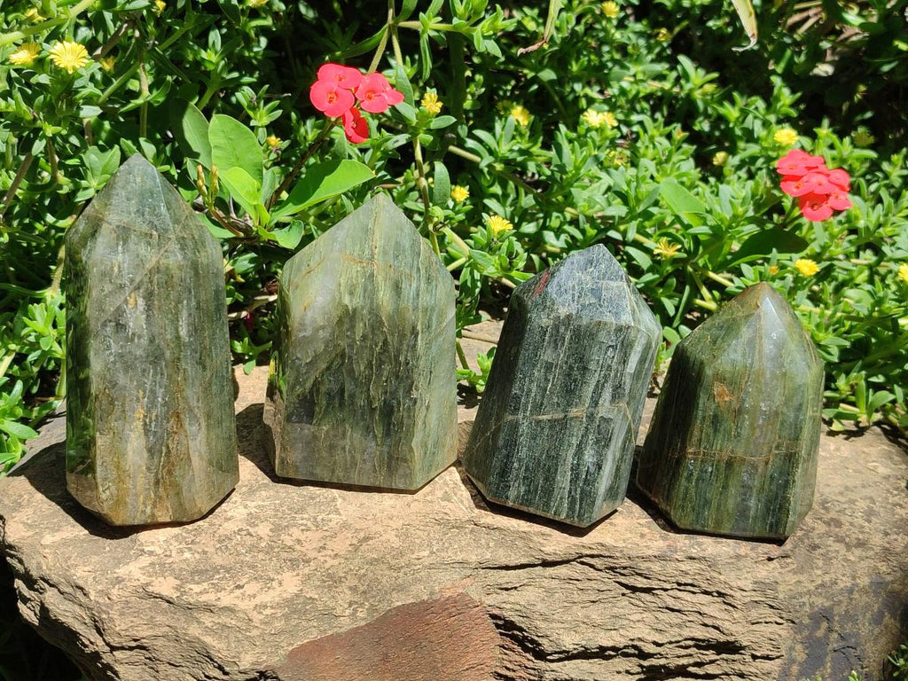 Polished Fuchsite Quartz with Pyrite Display Crystals x 4 From Andakatany, Madagascar