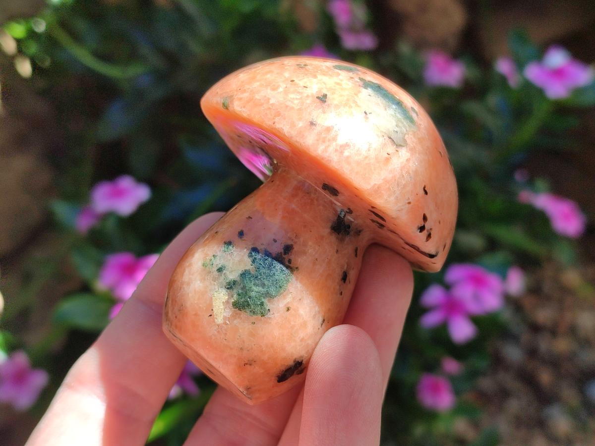 Polished Orange Calcite With Biotite Mushrooms x 6 From Madagascar