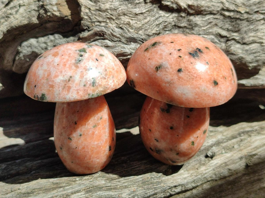 Polished Orange Calcite With Biotite Mushrooms x 6 From Madagascar