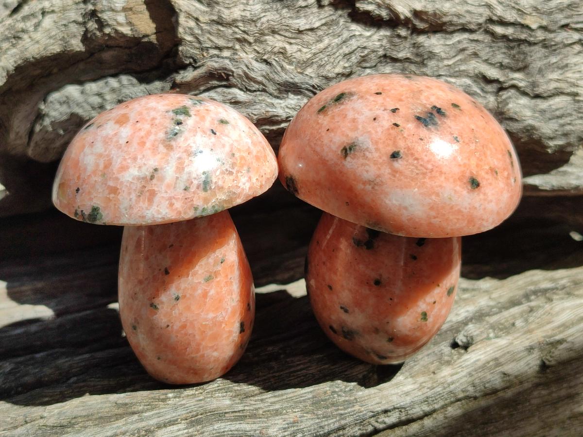 Polished Orange Calcite With Biotite Mushrooms x 6 From Madagascar