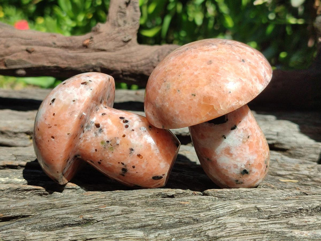 Polished Orange Calcite With Biotite Mushrooms x 6 From Madagascar