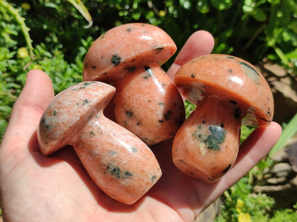 Polished Orange Calcite With Biotite Mushrooms x 6 From Madagascar