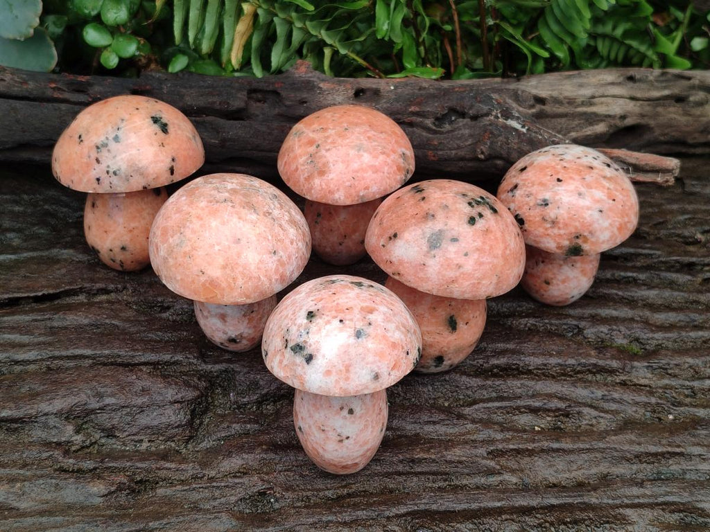 Polished Orange Calcite With Biotite Mushrooms x 6 From Madagascar