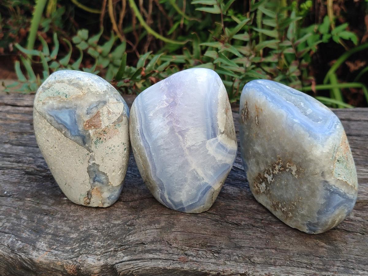 Polished and Natural Blue Lace Agate Standing Display Pieces x 3 From Nsanje, Malawi