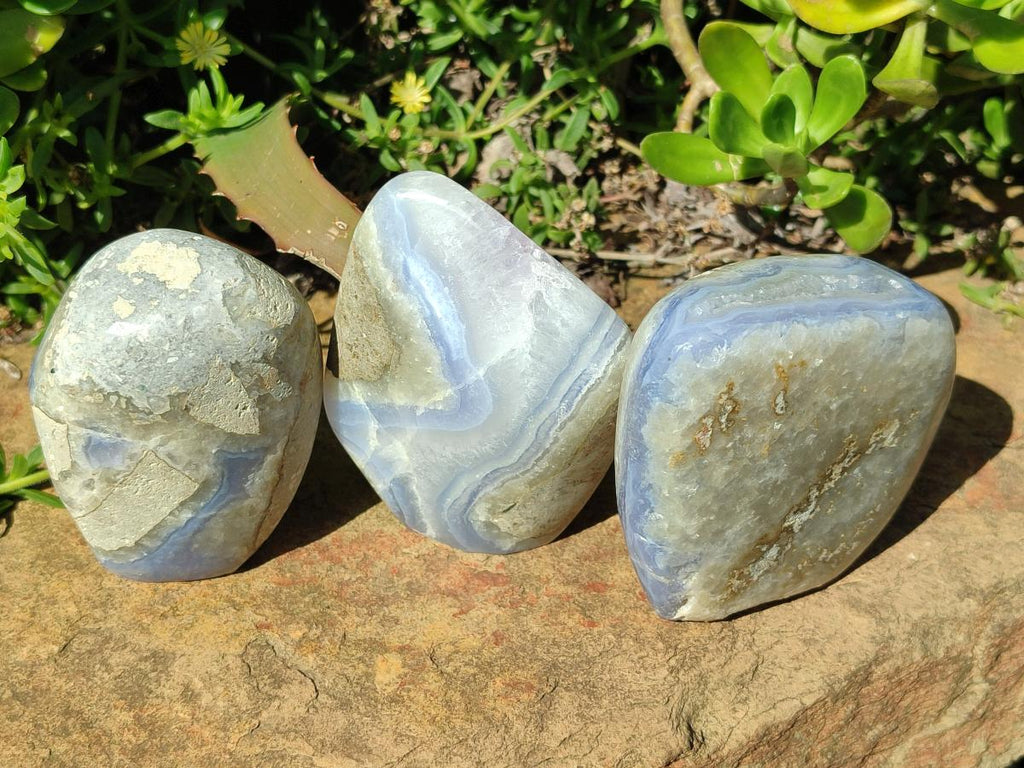Polished and Natural Blue Lace Agate Standing Display Pieces x 3 From Nsanje, Malawi